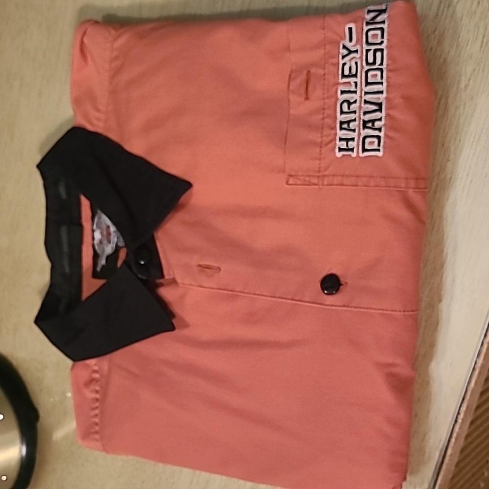 Harley-Davidson men's button-down shirt XL orange black shorts sleeve